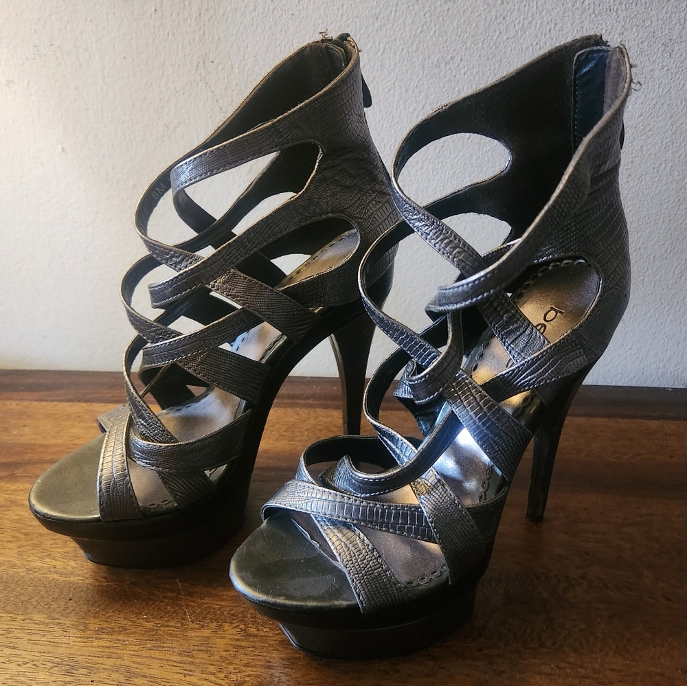 bebe | Adrianna Embossed Pewter Gladiator Heels - Picture 3 of 9